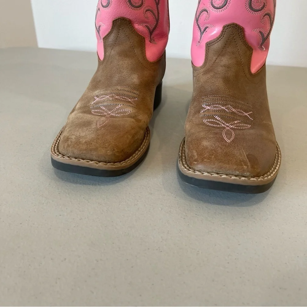Old West girls western boots leather brown and pink rodeo western cowgirl